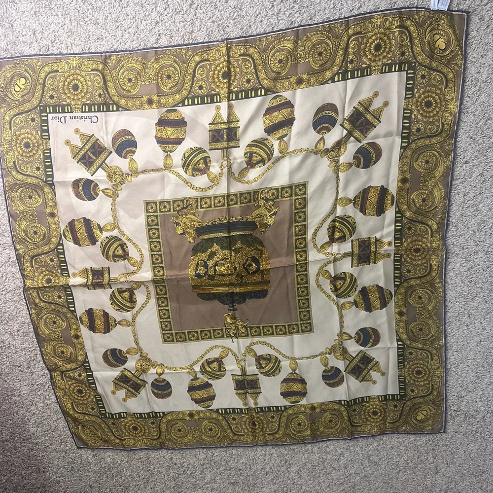 Christian Dior Gold and Brown Silk Scarf